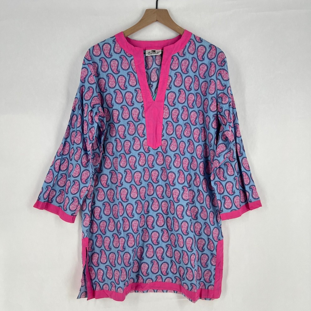 Malabar Bay Tunic Dress Womens XL Blue Cotton Paisley Resort Vacation‎ Crew Neck